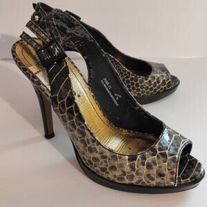Dollhouse Peep Toe Heels Snakeskin Black/Gold 4.5" Sz 7.5